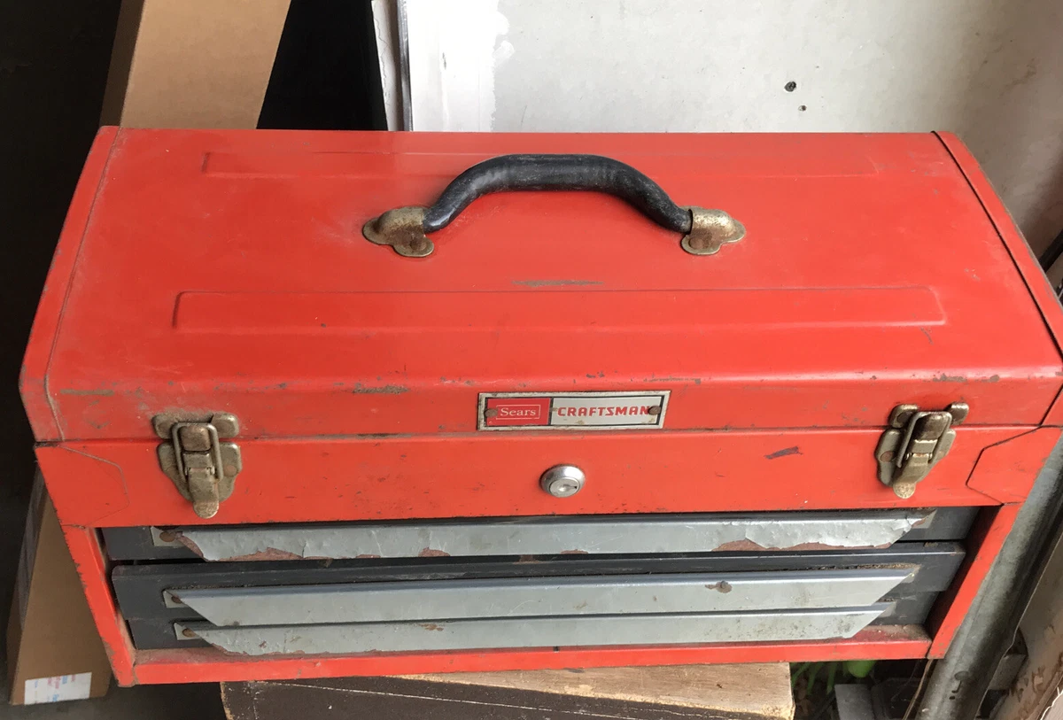 Vintage Sears Craftsman Mechanics Tool Box Orange grey 3 Drawers No Keys