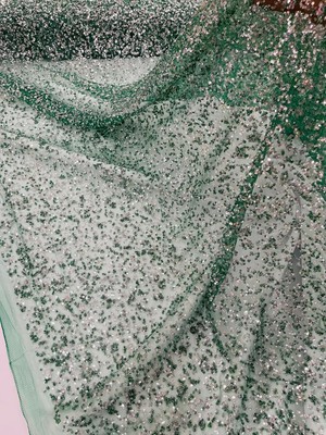 Bead/Sequins Lace Fabric Hunter Green Small Sequins and Beads Embroidery By Yard
