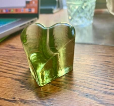Fire & Light Recycled Glass Celery Green Heart Shaped Paperweight Signed 2.25"