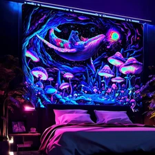 Black Light Tapestry, Astronaut & Whale Galaxy, Mushroom Landscape, Space Themed