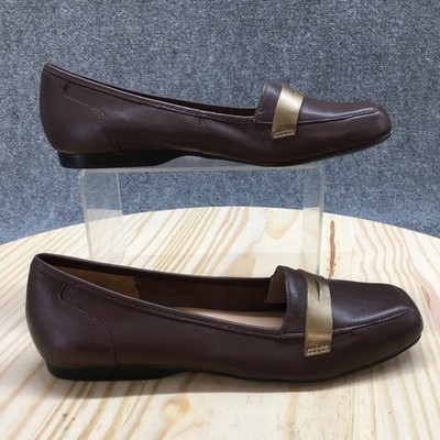 Array Shoes Womens 8 Narrow Penny Loafers Brown Leather Slip On Casual Square