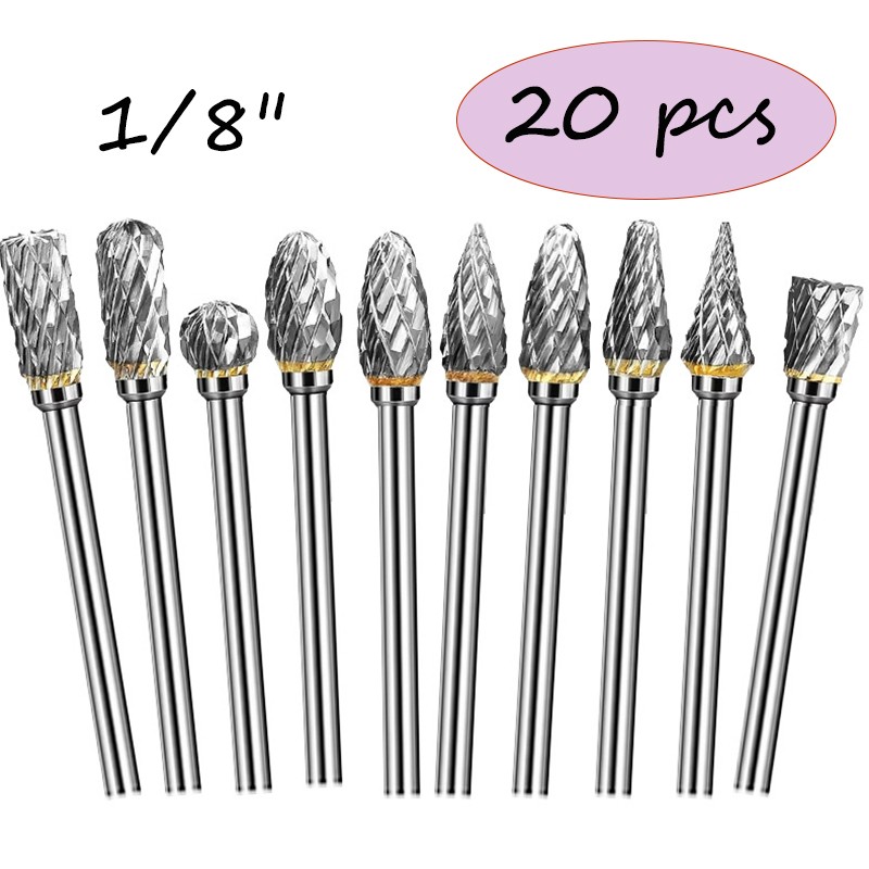 20-Pack Tungsten Carbide Rotary Burr Set for Dremel - 1/8 Shank Cutting Bits
