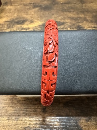 Vintage Chinese Cinnabar Carved Red Bangle Bracelet Floral & Fret Design