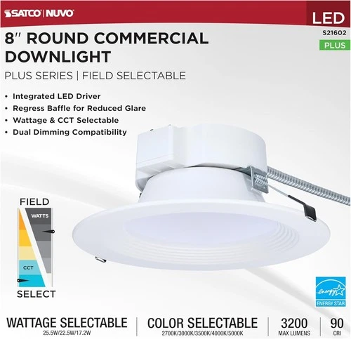 Satco S21602 - 25.5W Field Selectable LED 8" Commercial Downlight (1, 2 or 4 PK) - Picture 1 of 8