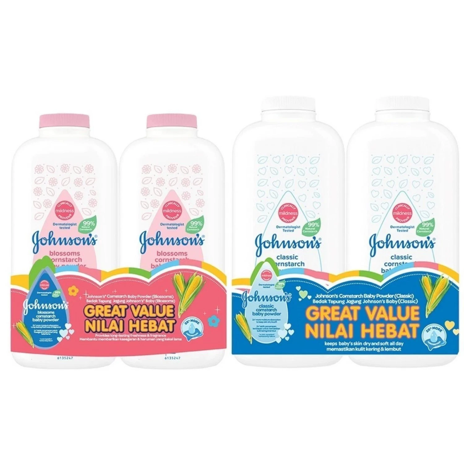 Johnson's Baby Powder Blossoms & Classic Talc 2x500g Value Size Hypoallergenic