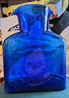 Blenko Cobalt Blue Double Spout 8"  Glass Water Bottle Vase w/ Original Sticker
