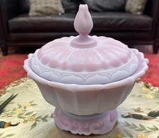 1976 Fenton Rosalene Ogee Milk Slag Glass Covered Candy Dish w/Base - Numbered