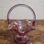 Fenton Glass Handled Basket Pink Rose Dish Ruffled Strawberry 6” Vintage
