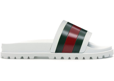 Men's White Slide Sandals Green/Red Striped Strap Rubber Slip On Size 9.5