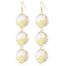 Handmade 70s 80s Vintage Disco Sequin Beaded Ball Fringe Dangle Drop Earrin - 02