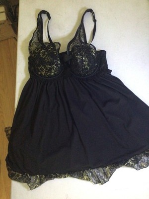 Cacique Babydoll Women 22/24 42DDD Black Lingerie Lace Nightie & Silk Thong Sexy