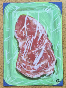 ACEO Original Steak Painting Meat Beef Food Illustration Packaged Meats ATC OOAK
