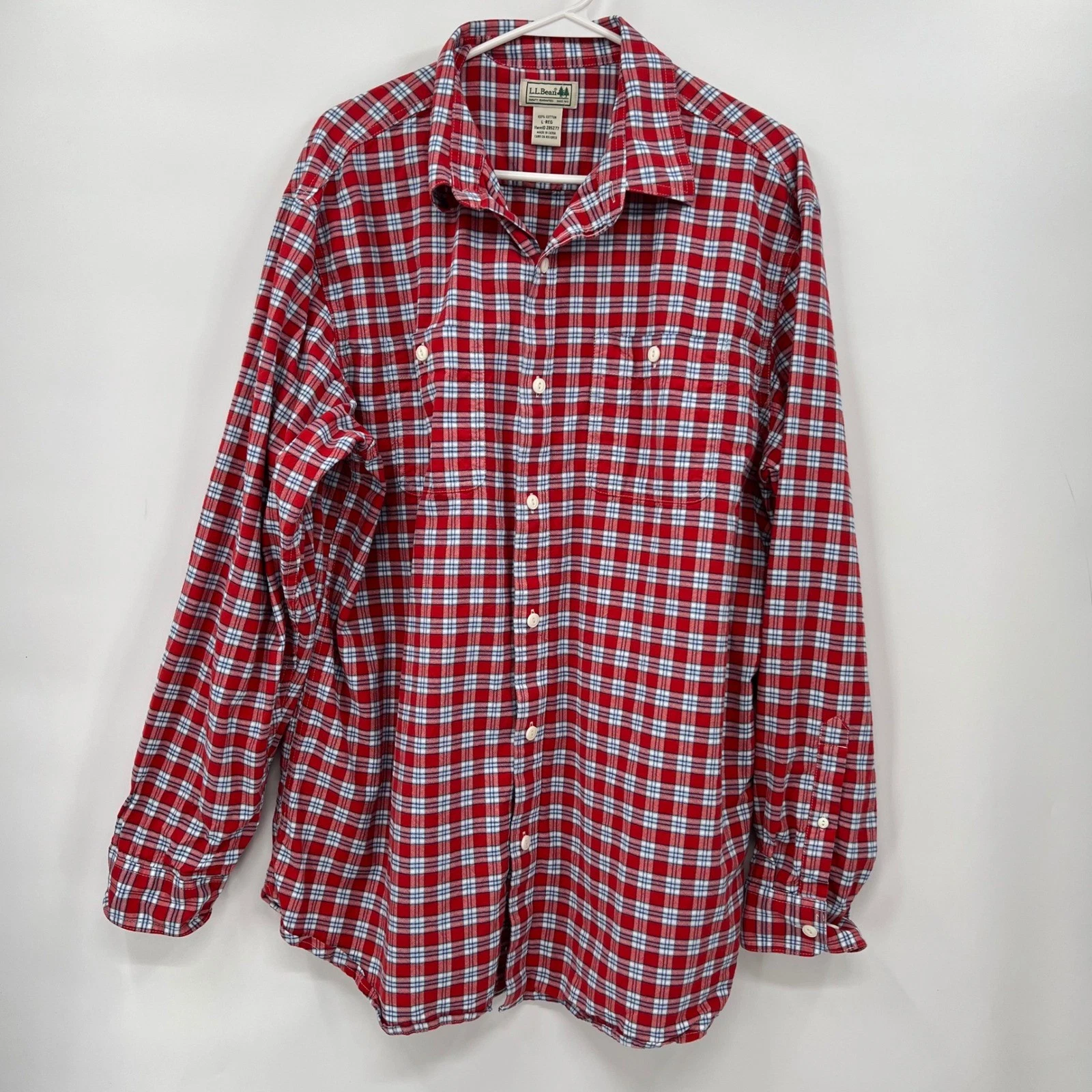 L.L. Bean Large Flannel Button Down Mens Red Blue Plaid Cotton Long Sleeve Shirt