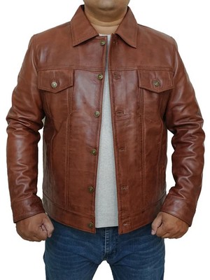 Men's New Motorcycle Biker Bomber Trucker Real Lambskin Cognac Leather Jacket