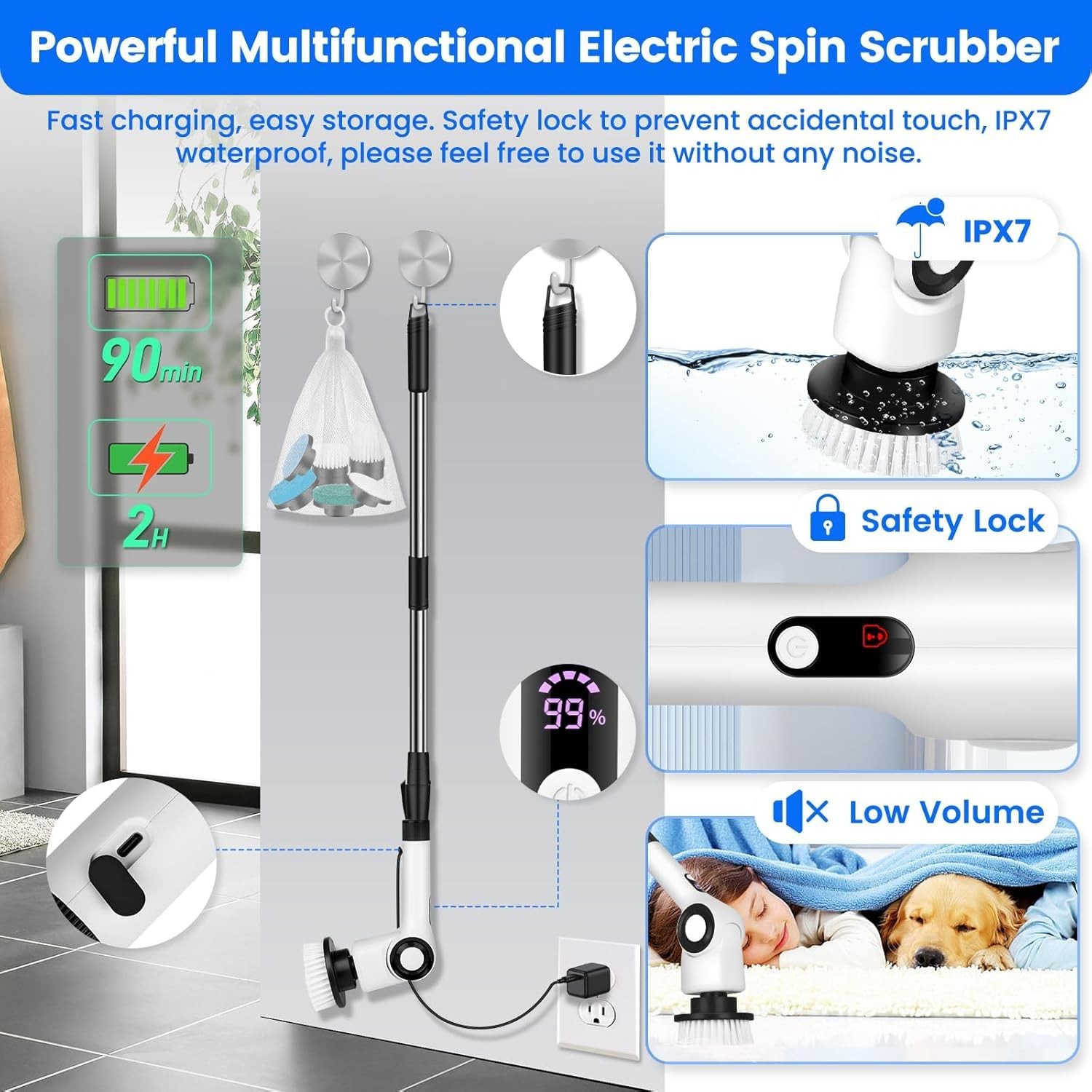 Electric Spin Scrubber Cordless Power Shower with 7 Brush 3 Speeds Adjustable