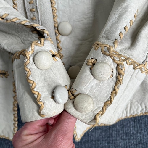 Vintage 70s North Beach Leather Jacket Off White Whipstitch Button Up Hippie - Picture 6 of 17