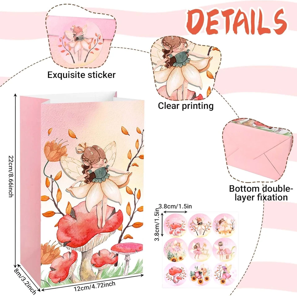 24 Pack Fairy Party Favor Bags with Stickers,Paper Treat Goodie Bag for Woodland - Image 2 of 4