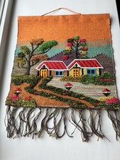 Jute  Wool Wall Hanging HandMade Indian Tapestry 3D Village Scenery Tree Nature