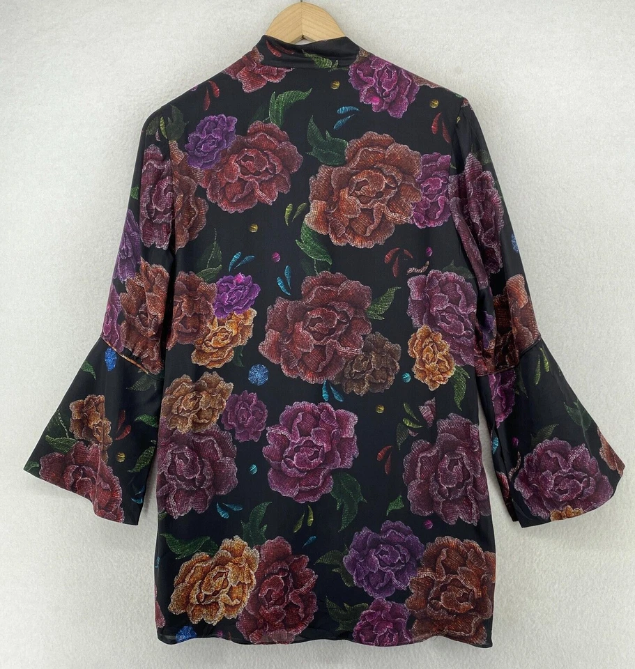 Blusa ROBERT GRAHAM S Top Mezcla Seda Crepé Floral Cuello Atado Negra Púrpura Foto 3 de 4