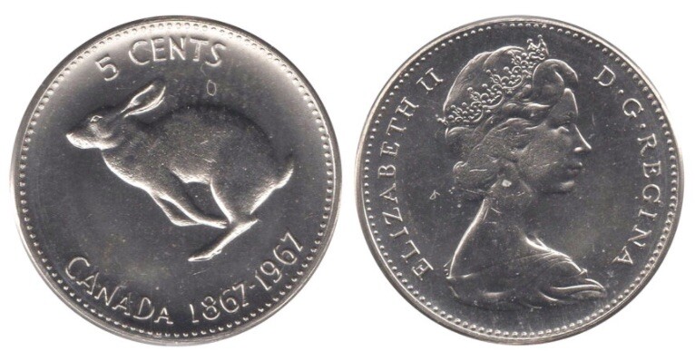 Canada 1967 Centennial 5 Cents Elizabeth II Canadian Rabbit Nickel Five ...