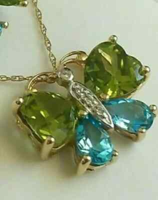 14K Yellow Gold Over Pear Blue Topaz Heart Peridot Diamond Butterfly Pendant 18