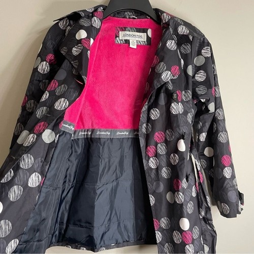 Girls London Fog Size 10 Pink and Black Polka Dot Hooded Raincoat - Picture 2 of 8