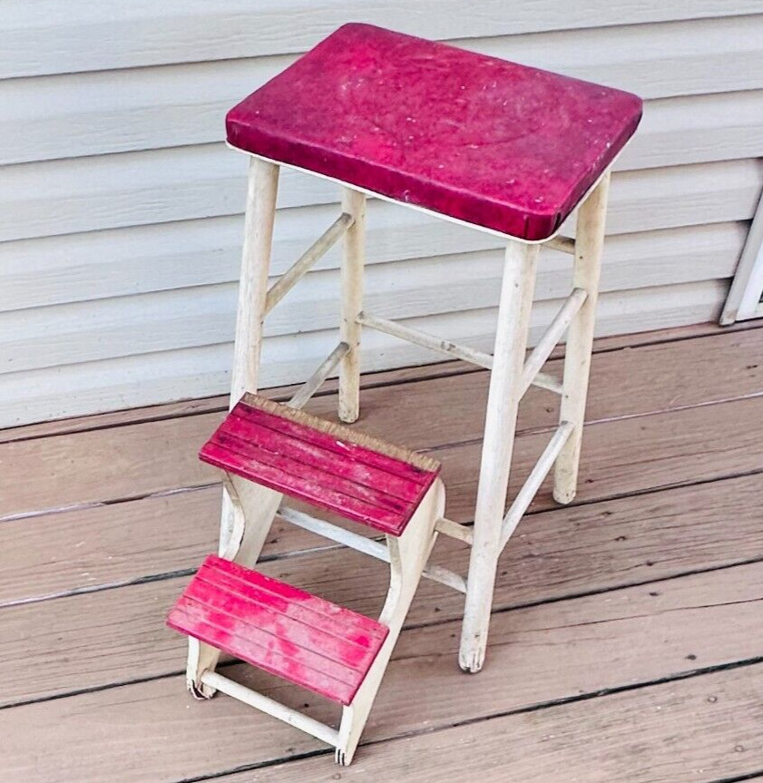 vtg wood step stool fold out steps White w red farmhouse 50s