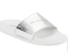 Valentino by Mario Valentino Sibilla Perforated Silver Leather Slides 38, US 7.5