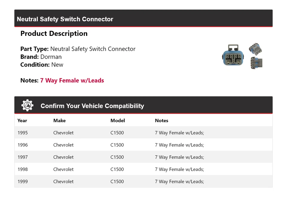 Conector interruptor de seguridad neutro para Chevrolet C1500 Dorman 1995-1999 1996 1997 Foto 2 de 4