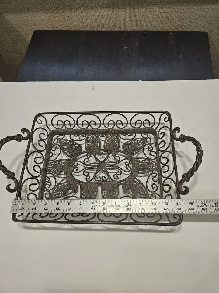 Heavy Wrought Iron Handled Decorative Tray Black Scrolled Pattern 14"x11". - Image 3 of 4