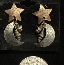 Crescent Moon Star Gold Vermeil Accents Sterling Silver Dangle Beaded Earrings