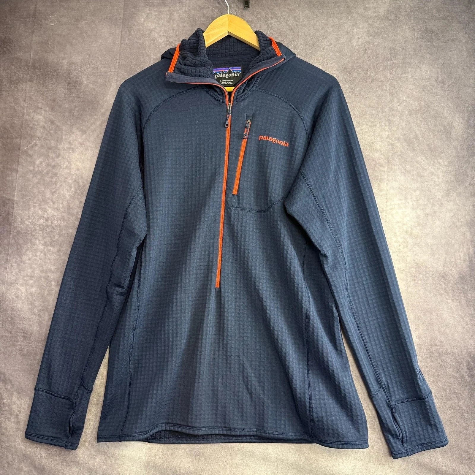 Patagonia R1 Hoodie Men's Large Blue Polartec Power Dry 1/2 Zip Fleece Pullover
