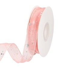 Star Ribbon Silver Stars Print Trim Sheer Ribbon 1" x 10Yards Pink 2Roll