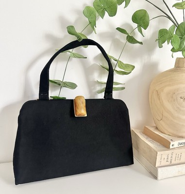 Vintage 1950 s Bobbie Jerome Black Wool Lucite Lock Purse Handbag
