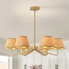 6-Light Boho Rattan Chandelier with Shades,Brass Chandelier for Dining Room L...
