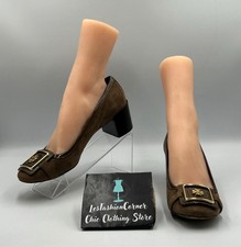 Tory Burch Brown Leather Block Heel Pumps With Gold Buckle Accent Size 8.5M 3195