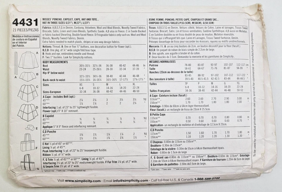 Poncho Simplicity Sew Pattern 4431 Miss Capelet Capa Sombrero Bolso XS-XL, 6-24 SIN CORTAR Foto 2 de 3