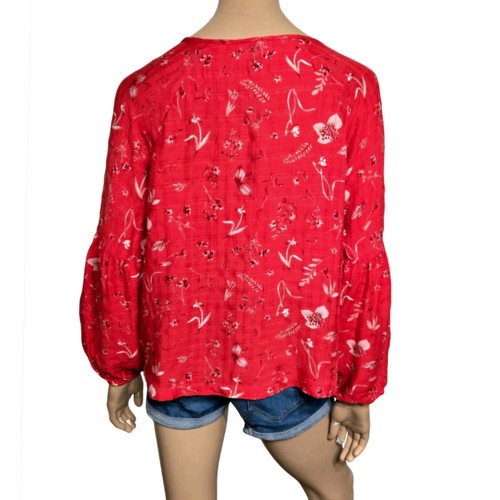 UNIVERSAL THREAD Red Floral Tie Neck Balloon Sleeve Bohemian Flowy Top sz LARGE - Picture 7 of 12