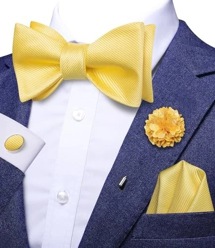  Self Tie Bow Ties and Lapel Pin for Men Paisley Solid Mens Bright Yellow - Image 2 of 4
