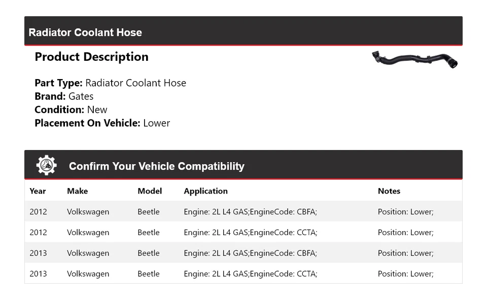 For 2012-2013 Volkswagen Beetle 2L L4 GAS Radiator Coolant Hose Lower Gates - Imagem 2 de 3