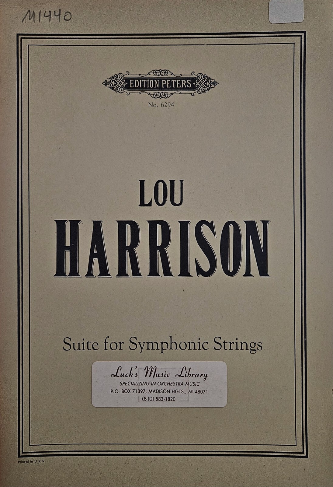 Lou Harrison - Suite for Symphonic Strings - Edition Peters Score - NEW
