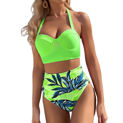 Women High Waist Bikini Swimwear Beachwear Leaf Print Bathing Swimsuit 2pcs/Set - Picture 6 of 19