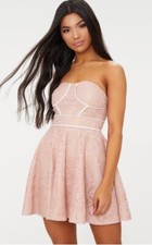 BNWT Super Pretty Dusty Pink Lace Binding Detail Bandeau Skater Dress UK Size 12