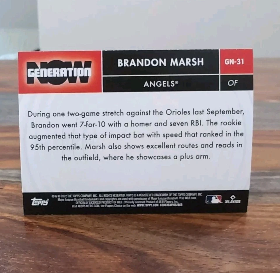 2022 Topps Series 2 Brandon Marsh Generation Now RC #gn-31 Las Angeles Angels NM - Image 2 of 2