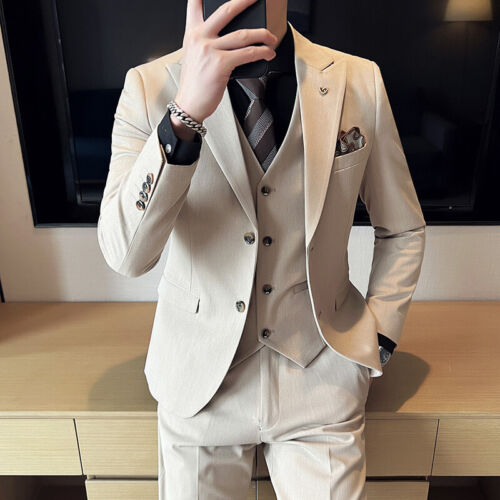 Herren Anzüge Einfarbig 3-teilig Jacke Weste Hose Schmal Formell Kleid Hochzeit Bankett - Bild 1 von 16