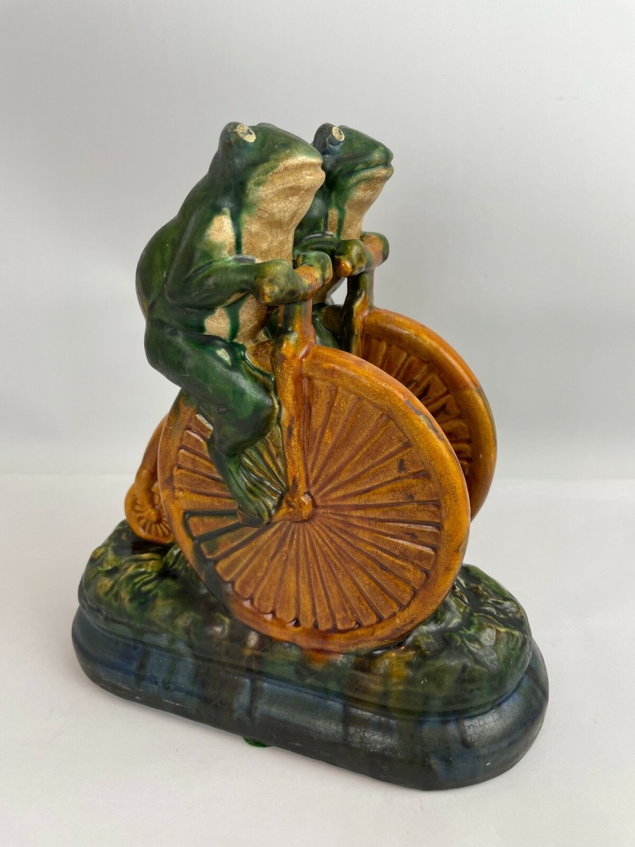 Vintage Frogs Riding Tandem Bike Bicycle Majolica Art Statue