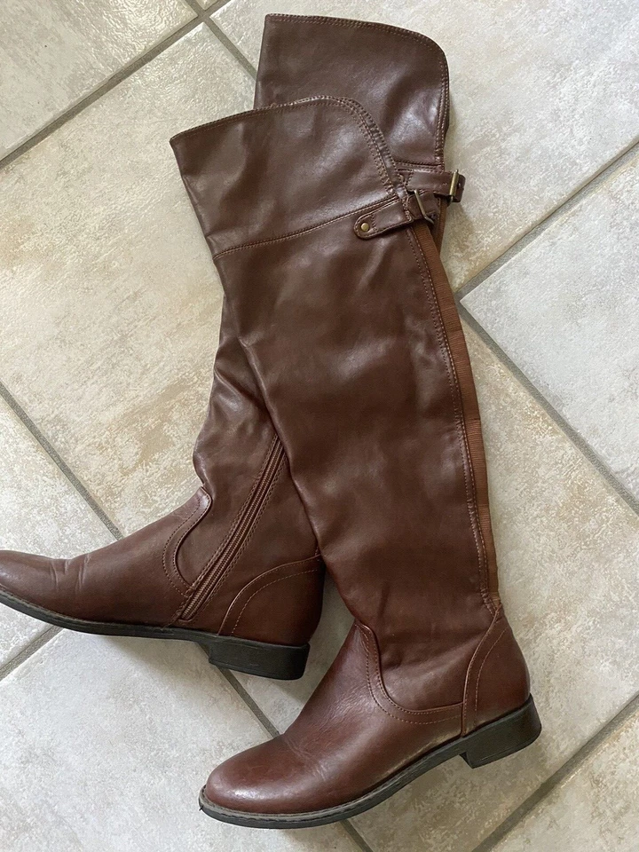 Botas de montar rosa y pimienta para mujer talla 6M hasta la rodilla medianas marrón hebilla trasera Foto 2 de 4