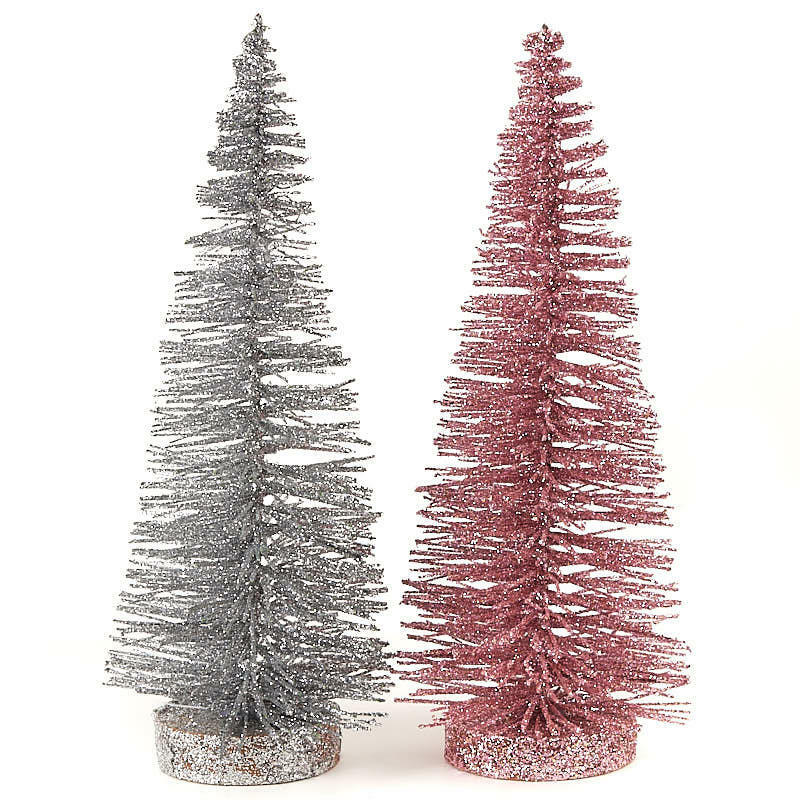 Set of 2  Silver and Pink Glittered 10" Bottle Brush Trees w
