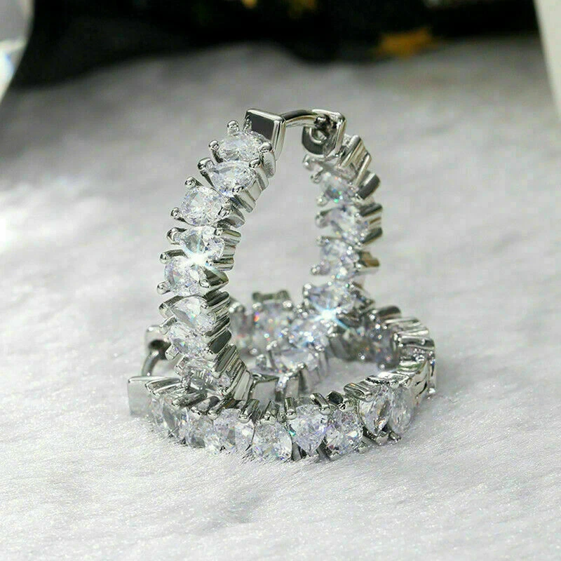 14K White Gold Plated 3 Carat Pear Cut Certified Moissanite Huggie Hoop Earrings - Image 3 of 4