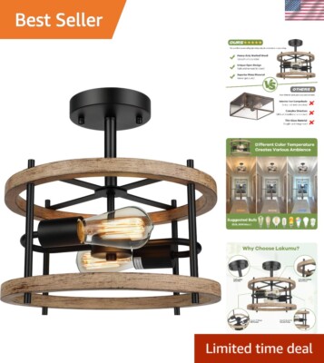 Elegant 2-Light Retro Semi Flush Ceiling Light, Wood & Metal for Stylish Homes